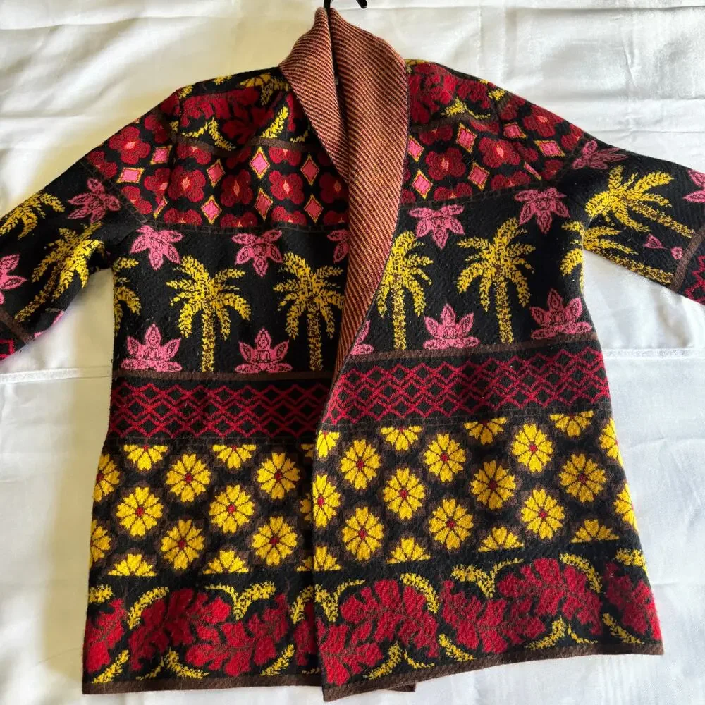 Johnny Was Parker Cardigan Womens Medium Red Palm Tree Floral Colorful Tropical